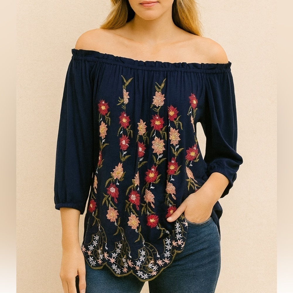 ✅ Lucky Brand Off Shoulder 3/4 sleeve Floral Embroidered Navy Top XS